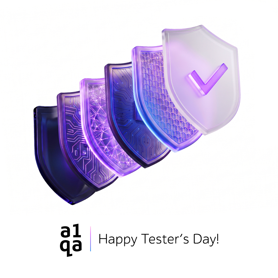 Illustration des Tester-Tages von a1qa mit digitalen Schilden, die Softwarequalität und -sicherheit symbolisieren.